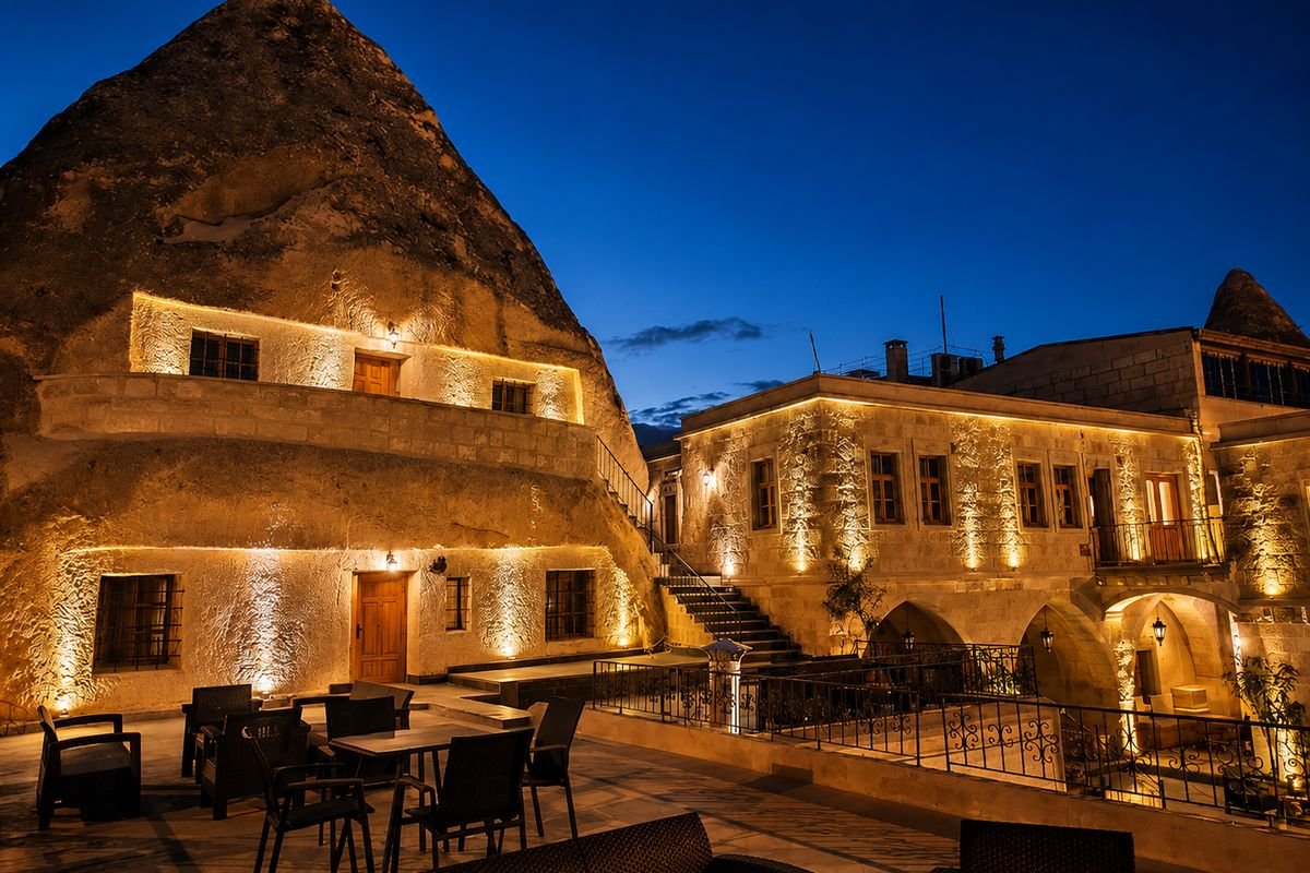 Hotel cueva iluminado al anochecer en Capadocia, Turquía